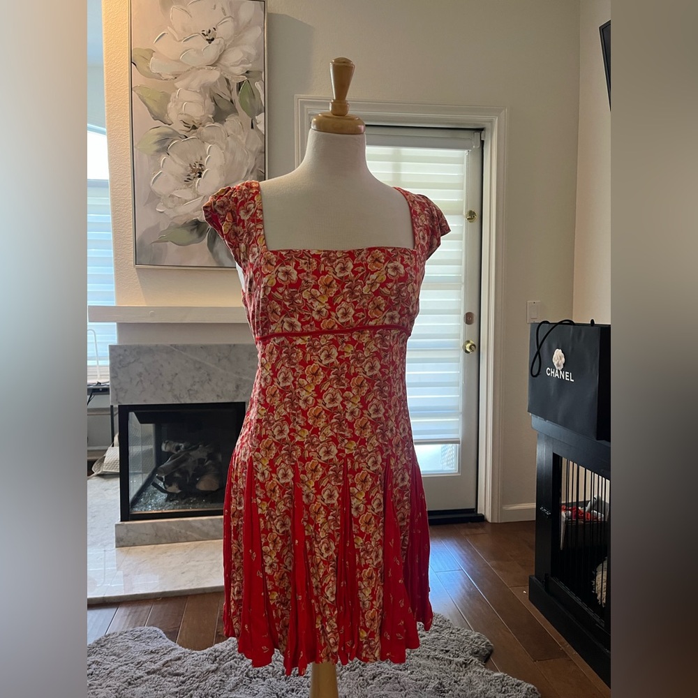 Free People Red Floral Mini Dress with Square Neck